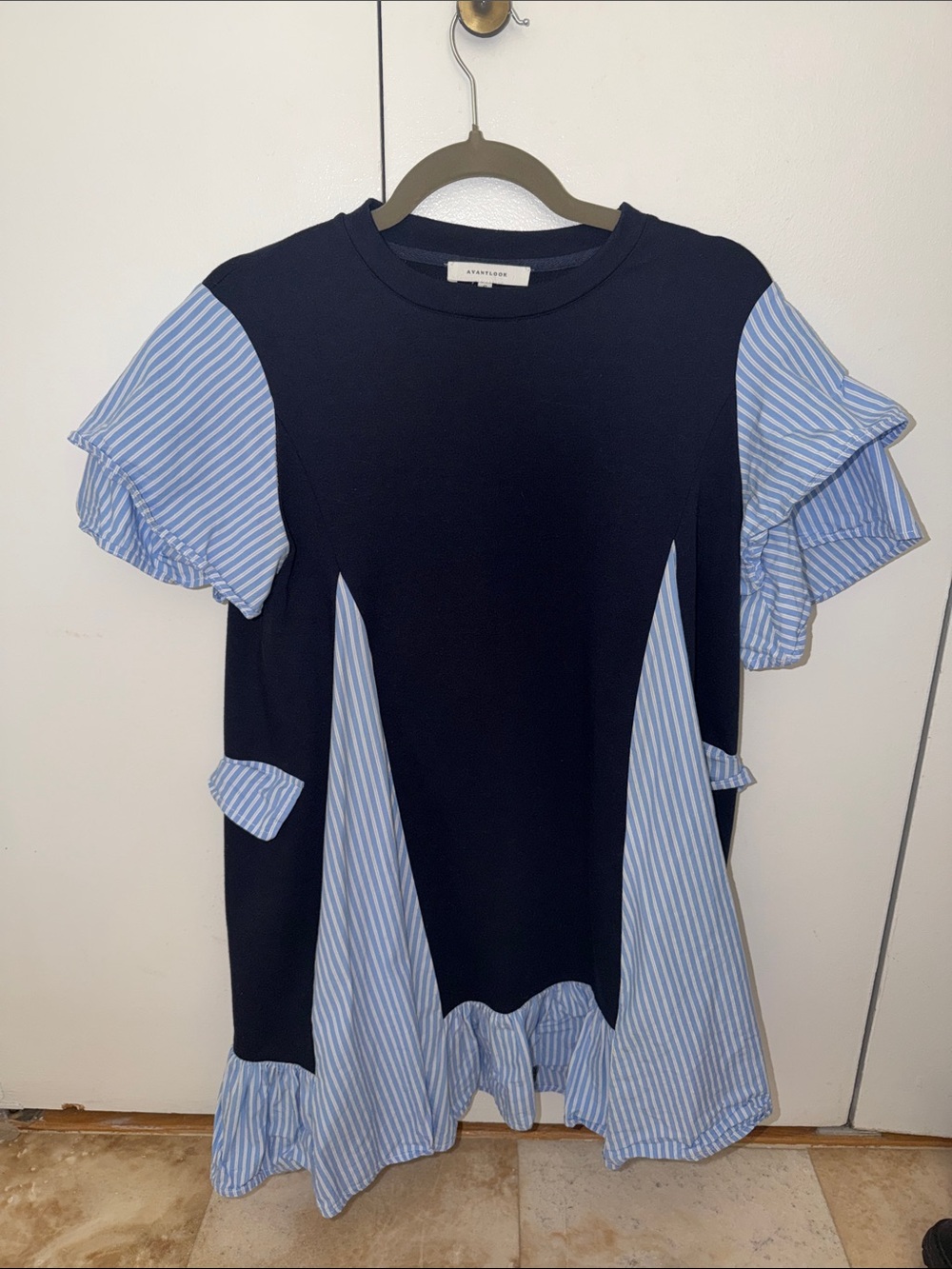 Avantlook Mini Flare Dress with Light Blue Striped Ruffle Panels